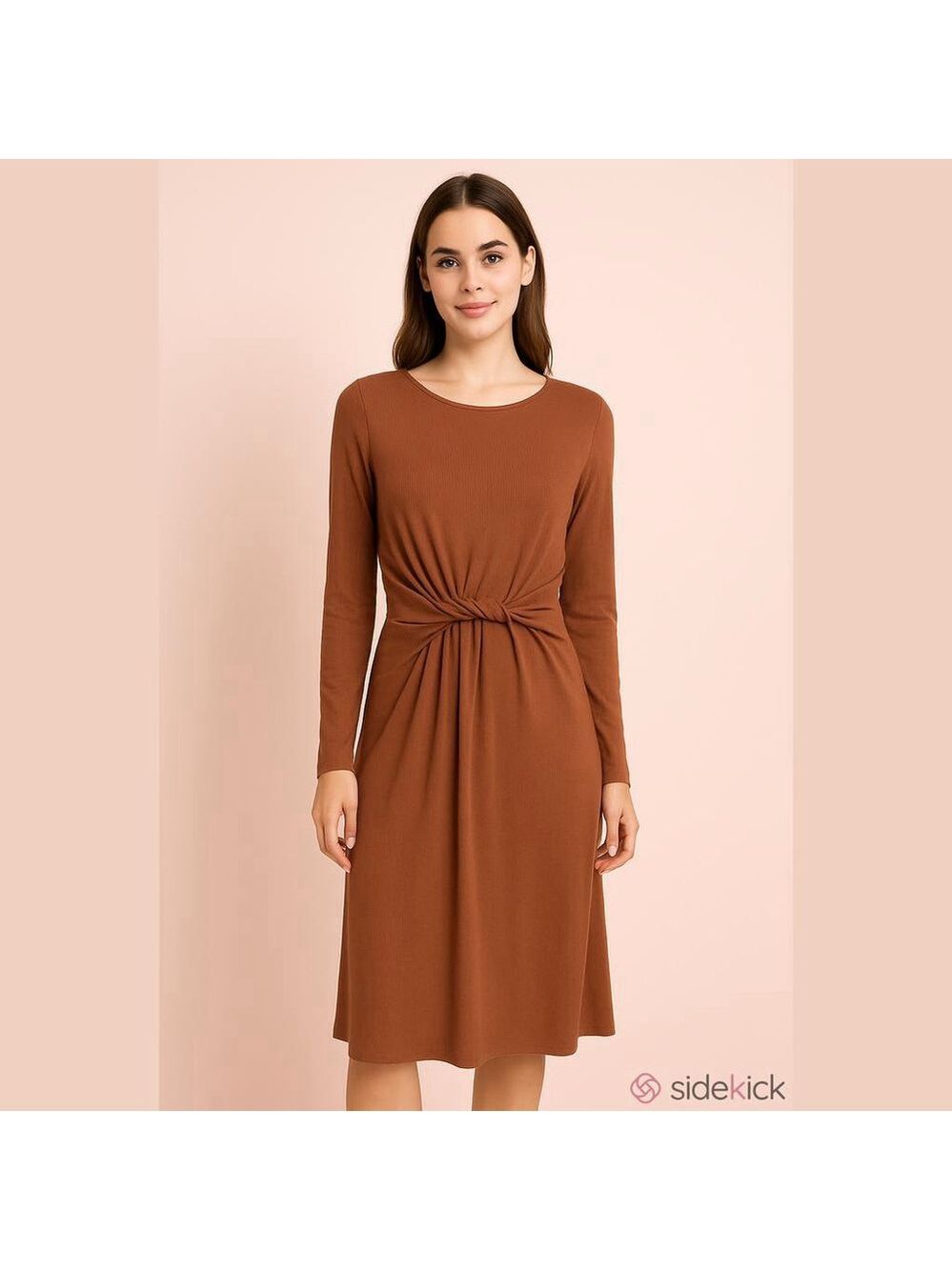 Maurices Brown Knot Front Ribbed Long Sleeve Midi Dress Size XXL